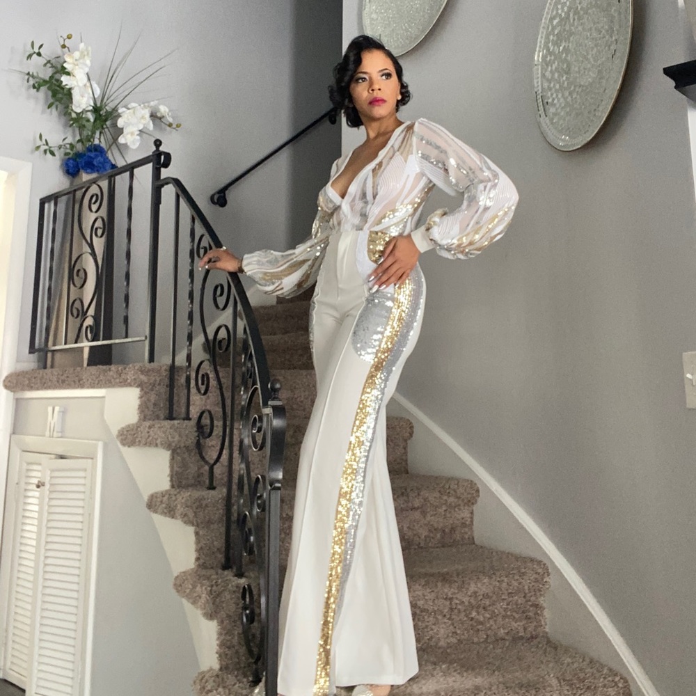 White Silver and Gold embellished sequin jumpsuit